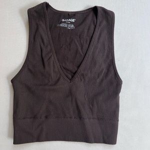 GARAGE Brown Ribbed Tank Top Deep v-neck Cropped Size XS